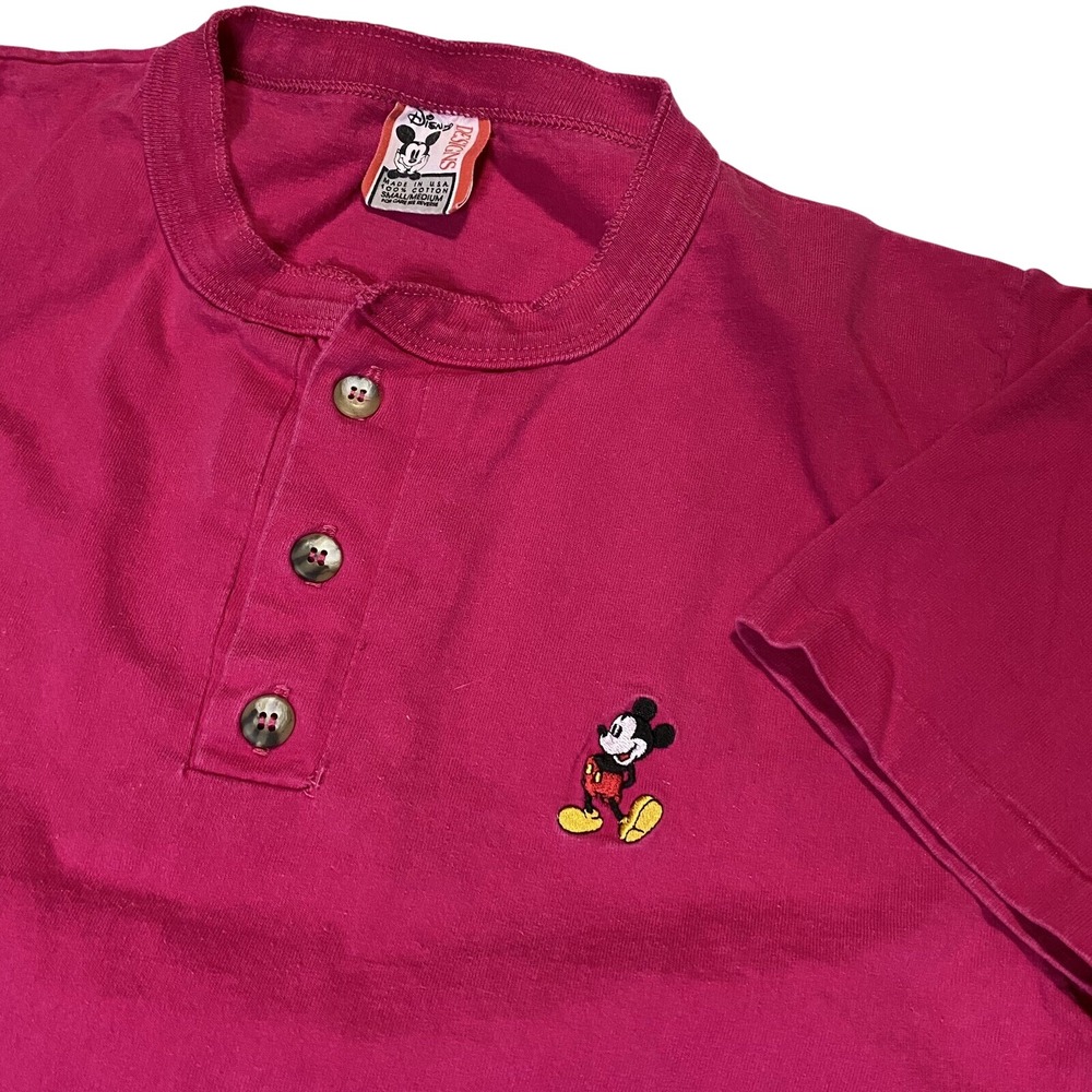 Disney Micky Mouse Henley Tee‎ Shirt Pink Single Stitch Size S/M